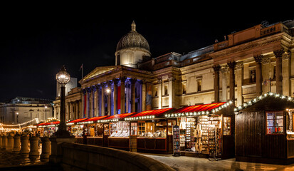 A Christmas view of Trafalgar square, a public square in the City of Westminster, Central London