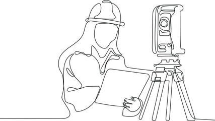 Close up of Caucasian worker with helmet on head using tablet for work while standing in warehouse. Surveyor with a tripod icon. Geodesic tripod. Vector illustration - obrazy, fototapety, plakaty