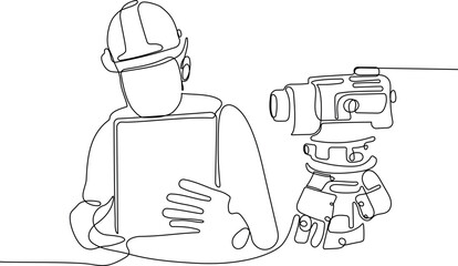 Close up of Caucasian worker with helmet on head using tablet for work while standing in warehouse. Surveyor with a tripod icon. Geodesic tripod. Vector illustration