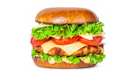 Crispy deep Fried Chicken Burger with cheese, tomato, lettuce, pickles and mayonnaise isolated on white background