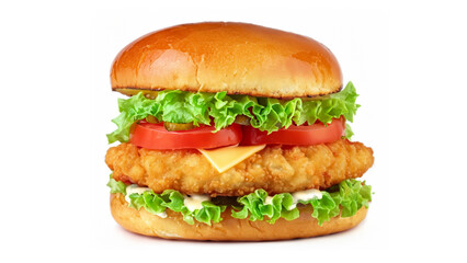 Crispy deep Fried Chicken Burger with cheese, tomato, lettuce, pickles and mayonnaise isolated on...