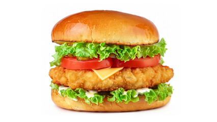 Crispy deep Fried Chicken Burger with cheese, tomato, lettuce, pickles and mayonnaise isolated on white background