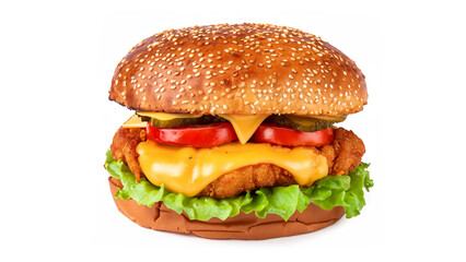 Crispy deep Fried Chicken Burger with cheese, tomato, lettuce, pickles and mayonnaise isolated on white background