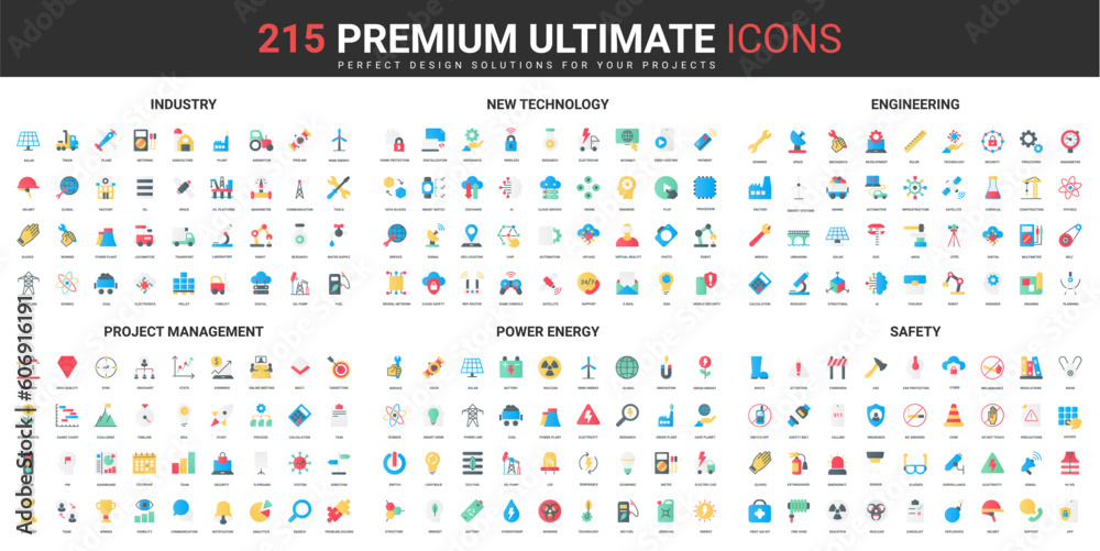 Aufkleber industry and engineering, new technology, safety color flat icons set vector illustration. abstract 