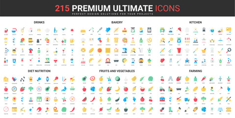 Diet food and nutrition, farming color flat icons set vector illustration. Abstract symbols of farm organic fruit and vegetables, baking and drinks, kitchen tools simple design for mobile and web apps