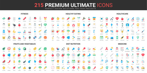 Fototapeta na wymiar Fitness, healthy eating, medicine color flat icons set vector illustration. Abstract symbols of pharmacy, healthcare and diet, vegetable and fruit nutrition simple design for mobile and web apps