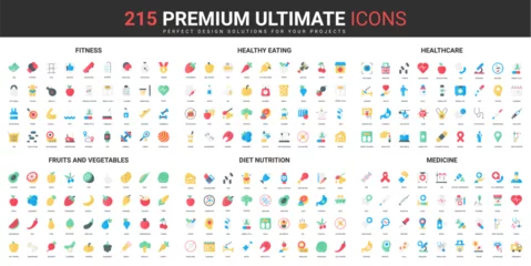 Fotobehang Fitness, healthy eating, medicine color flat icons set vector illustration. Abstract symbols of pharmacy, healthcare and diet, vegetable and fruit nutrition simple design for mobile and web apps © lembergvector