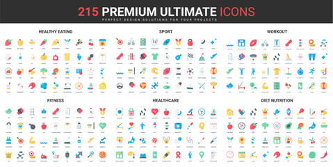 Healthy food, fitness workout and sports, healthcare color flat icons set vector illustration. Abstract symbols of gym equipment and exercises, medical cure simple design for mobile and web apps - obrazy, fototapety, plakaty