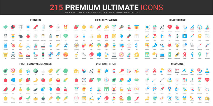 Fitness, Healthy Eating, Medicine Color Flat Icons Set Vector Illustration. Abstract Symbols Of Pharmacy, Healthcare And Diet, Vegetable And Fruit Nutrition Simple Design For Mobile And Web Apps