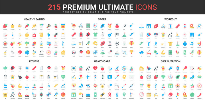 Healthy food, fitness workout and sports, healthcare color flat icons set vector illustration. Abstract symbols of gym equipment and exercises, medical cure simple design for mobile and web apps