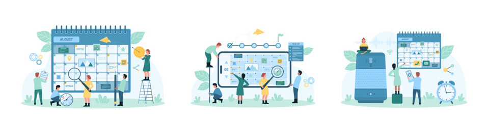 Calendar optimization set vector illustration. Cartoon tiny people with magnifying glass, clock and phone work with appointment schedule and timeline in organizer, plan events and business meetings