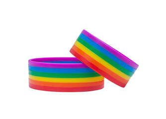 Fototapeta na wymiar Two colorful rainbow wristband, lgbtq people symbol isolated on white background with clipping path in png file. Concept of lgbtq wristband wearing to support and attend celebration event of lgbtq