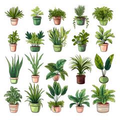 Watercolor house plants collection on white background. Botanical home garden. Natural green leaves collection of plants. Ai generative.