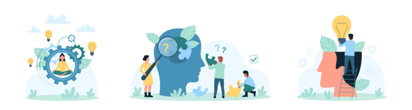 Mental health set vector illustration. Cartoon tiny people with magnifying glass research puzzle in human head and brain disease, giving light bulb to open mind, thinking yoga of person inside gear