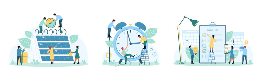 Time management set vector illustration. Cartoon tiny people plan business events and agenda on page of office paper calendar, work with tasks in to do list on clipboard, push hand of deadline clock