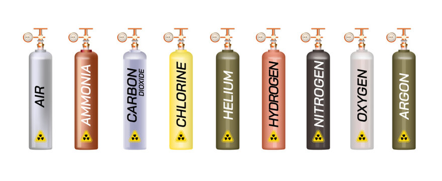Chemical gas cylinders illustration. ammonia, carbon dioxide, chlorine, helium, hydrogen, nitrogen oxygen and argon gas cylinder. Noble gases cylinder images with color code.