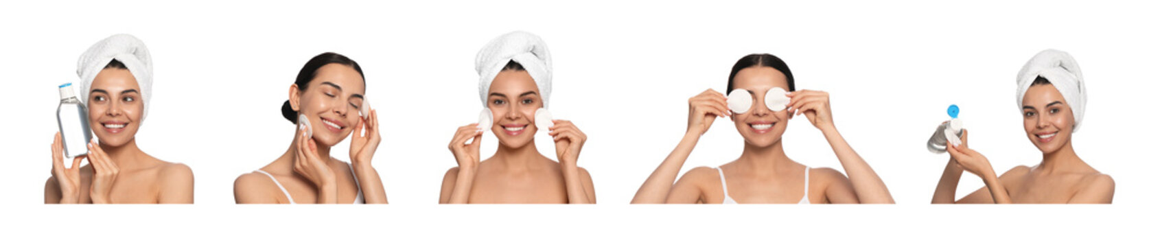 Collage with photos of woman with micellar water on white background