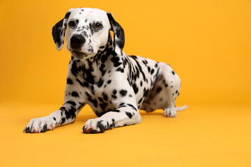 Adorable Dalmatian dog on yellow background. Lovely pet
