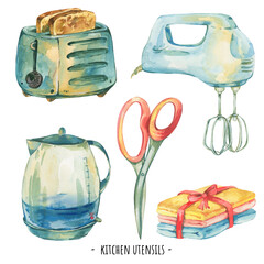 Watercolor vintage kitchen utensils illustration. Retro toster, kettle, moxer, scissors. Cooking objects - obrazy, fototapety, plakaty