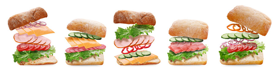 Tasty ciabatta sandwiches with fresh ingredients in air on white background, collage design - obrazy, fototapety, plakaty