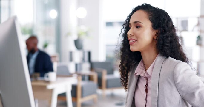 Woman walking, computer and start working for office productivity, startup business and digital management. Happy biracial person on desktop, tablet and multimedia workspace for online career or job