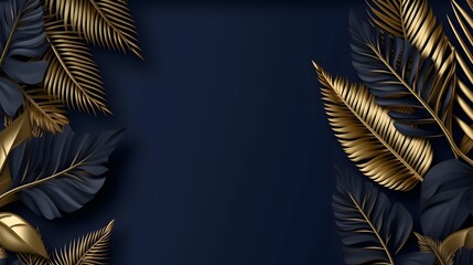 Beautiful luxury dark blue textured 3D background frame with golden and blue tropical leaves, generative AI