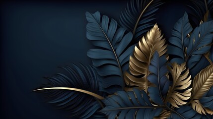 Beautiful luxury dark blue textured 3D background frame with golden and blue tropical leaves, generative AI