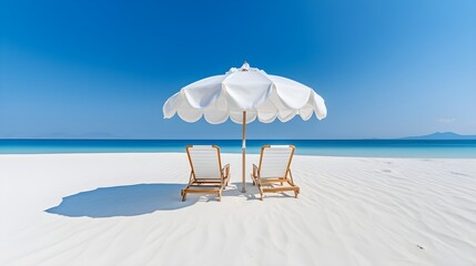Beautiful beach banner. White sand, chairs and umbrella travel tourism wide panorama background concept. Amazing beach landscape, generative AI