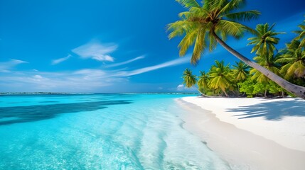 Fototapeta na wymiar eautiful natural tropical landscape, beach with white sand and Palm tree leaned over calm wave. Turquoise ocean on background blue sky with clouds on sunny summer day, island Maldives, generative AI