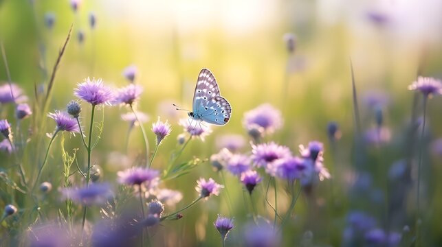 Beautiful wild flowers chamomile, purple wild peas, butterfly in morning haze in nature close-up macro. Landscape wide format, copy space, cool blue tones. generative AI