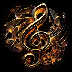 Image of a golden treble clef on an isolated black background. Generative AI