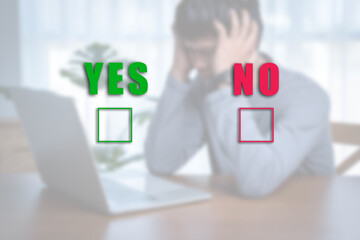Blurred background shot of a confused and worried businessman with deciding the right or the wrong...