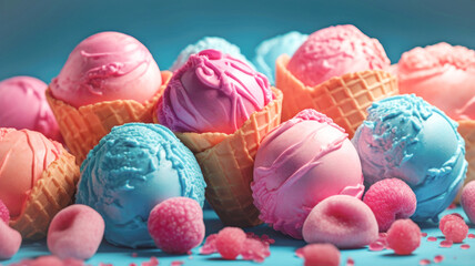 Summer dessert, ice cream in balls in bowls and waffle cones with different flavors on a bright modern background Generative AI