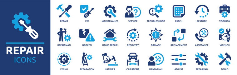 Fototapeta na wymiar Repair icon set. Containing fix, maintenance, toolbox, assistance, broken, troubleshoot, patch and repairman service icons. Solid icon collection. Vector illustration.