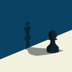 Chess pawn standing with shadow of king. Confident concept vector illustration