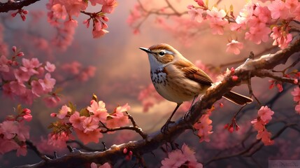 Delightfully beautiful nightingale bird on a flowering tree in spring, generative AI