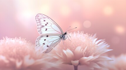 Delicately pink romantic natural floral background with a white butterfly on flower in soft daylight with beautiful bokeh and pastel colors, close-up macro, generative AI