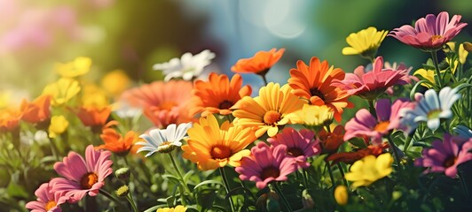 Naklejka na ściany i meble Colorful beautiful flowers Zínnia spring summer in Sunny garden in sunlight on nature outdoors, generative AI