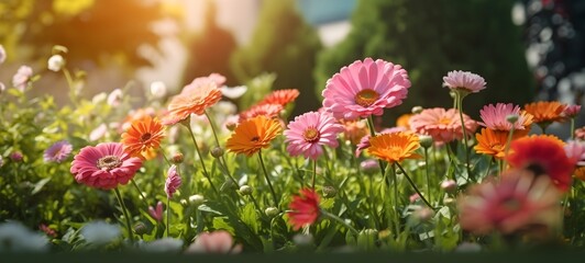 Colorful beautiful flowers Zínnia spring summer in Sunny garden in sunlight on nature outdoors, generative AI