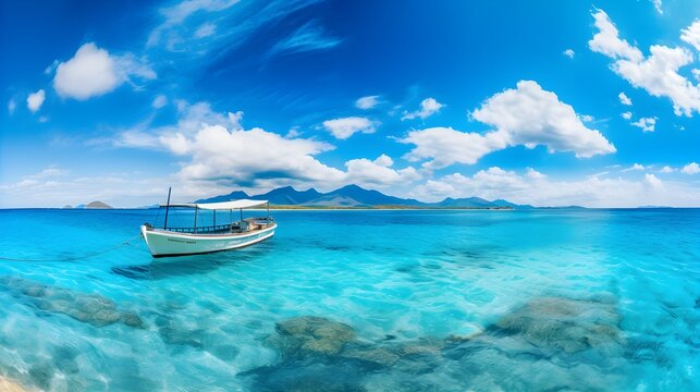 Boat in turquoise ocean water against blue sky with white clouds and tropical island, Natural landscape for summer vacation, panoramic view, generative AI