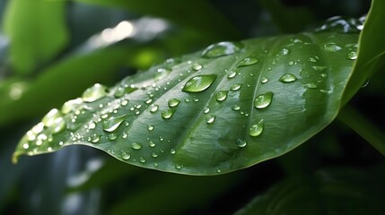 Large beautiful drops of transparent rain water on a green leaf macro. Drops of dew in the morning glow in the sun. Beautiful leaf texture in nature. Natural background, generative AI