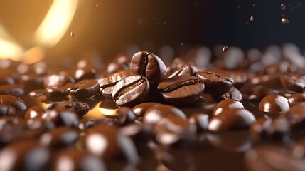 Flying coffee beans background. Close-up brown coffee beans banner. Closeup coffee grains background, generative AI