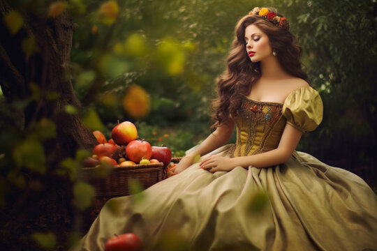 Portrait of an unknown female fairytale character with a long dress with apples nearby. Dreamy and mysterious. Generative AI