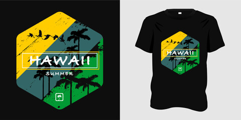 Hawaii graphic t-shirt summer design with palm trees, vector illustration, template, global swatches, print, poster