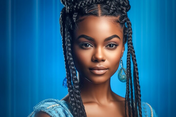 Pretty young afro-american woman with braids looking at the camera on the blue background. Generative AI - obrazy, fototapety, plakaty
