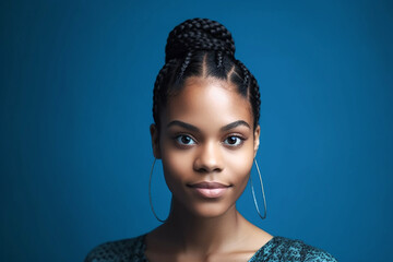 Portrait of a pretty young afro-american woman with braids on the blue background. Generative AI