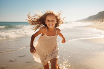 Fototapeta na wymiar Happy young girl running on shore at beach. Generative AI