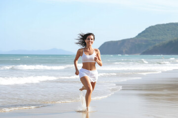 Fototapeta na wymiar Happy woman running on shore at beach, splashing some water. Generative AI