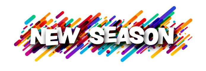 Banner with new season sign over colorful brushstrokes background. Design element. Vector illustration.