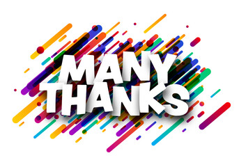 Many thanks sign over colorful brush strokes background. Design element. Vector illustration.